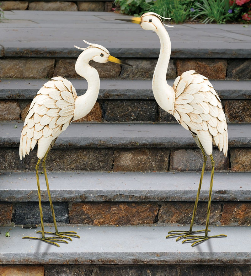Handcrafted Metal Snowy Egret Garden Statue - Downward Pose
