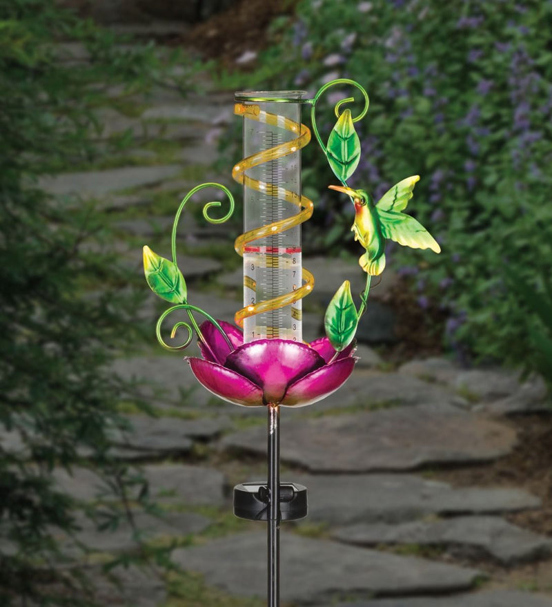 Solar Powered Hummingbird Rain Gauge Garden Stake with LED Lights